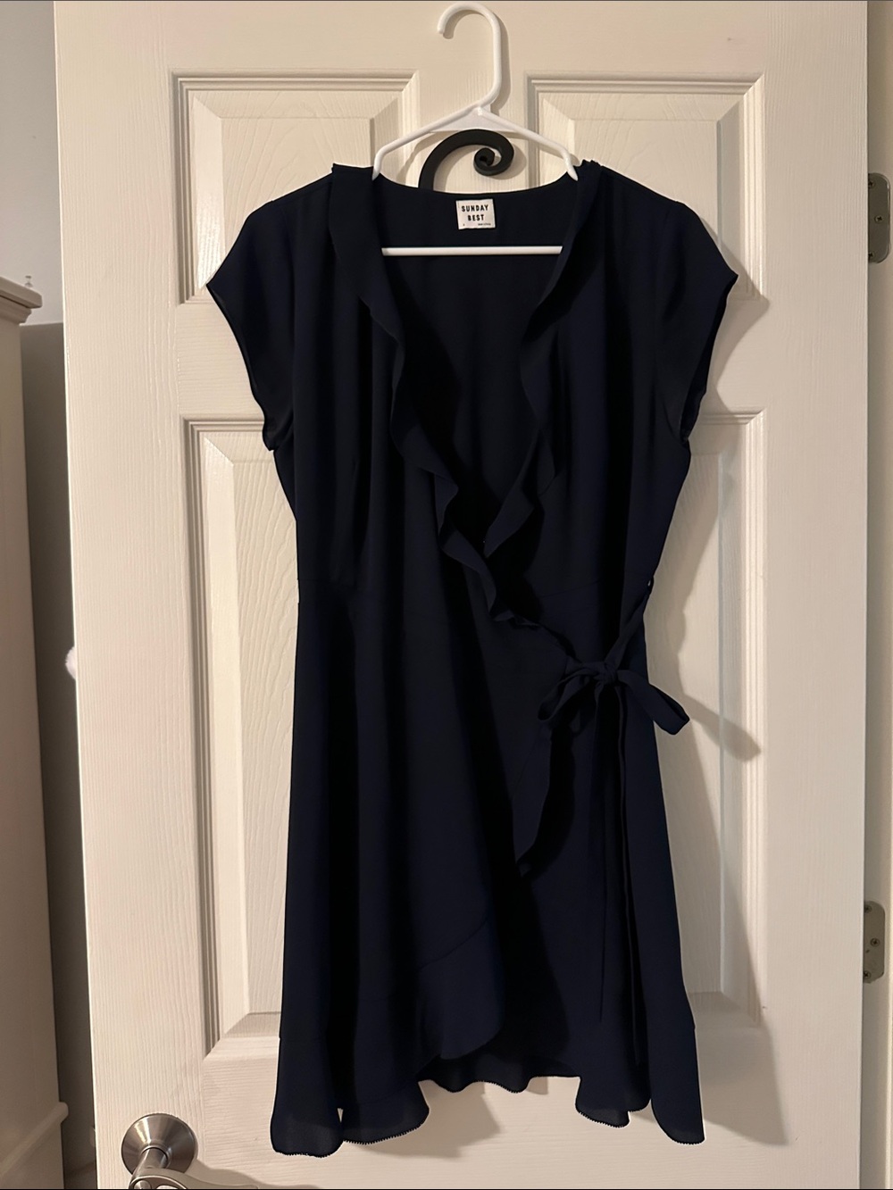 Aritzia Sunday Best Navy Ruffle Wrap Dress with Tie Waist